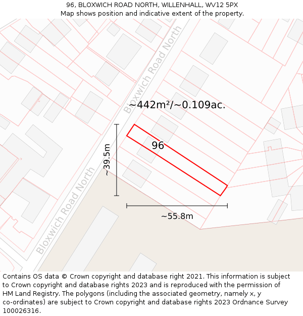 96, BLOXWICH ROAD NORTH, WILLENHALL, WV12 5PX: Plot and title map
