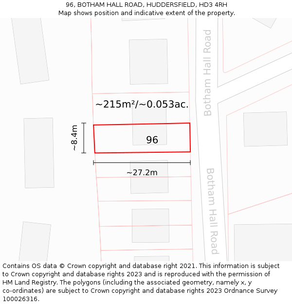 96, BOTHAM HALL ROAD, HUDDERSFIELD, HD3 4RH: Plot and title map