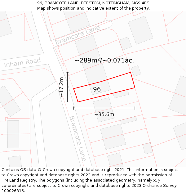 96, BRAMCOTE LANE, BEESTON, NOTTINGHAM, NG9 4ES: Plot and title map