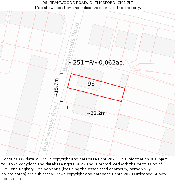 96, BRAMWOODS ROAD, CHELMSFORD, CM2 7LT: Plot and title map