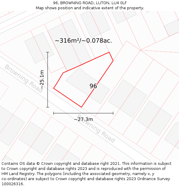 96, BROWNING ROAD, LUTON, LU4 0LF: Plot and title map