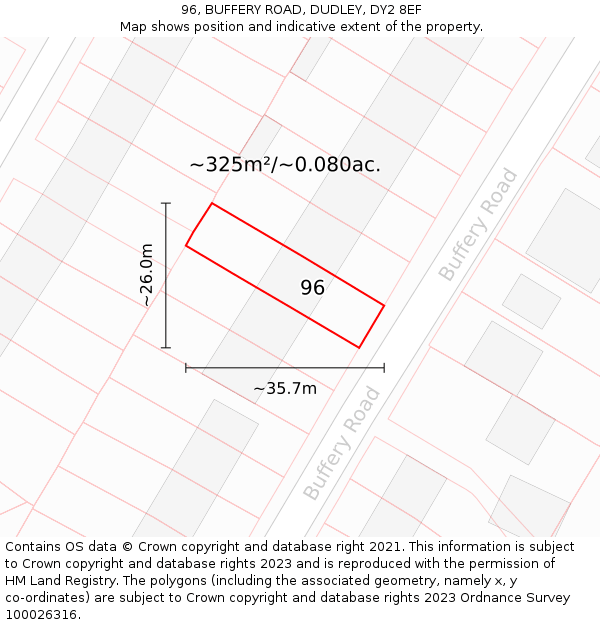96, BUFFERY ROAD, DUDLEY, DY2 8EF: Plot and title map