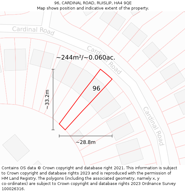 96, CARDINAL ROAD, RUISLIP, HA4 9QE: Plot and title map