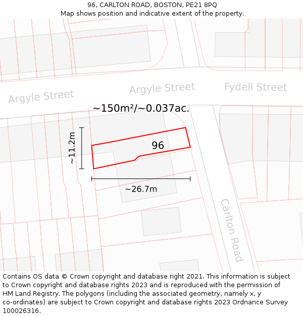 96, CARLTON ROAD, BOSTON, PE21 8PQ: Plot and title map