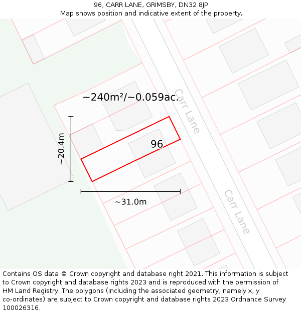96, CARR LANE, GRIMSBY, DN32 8JP: Plot and title map