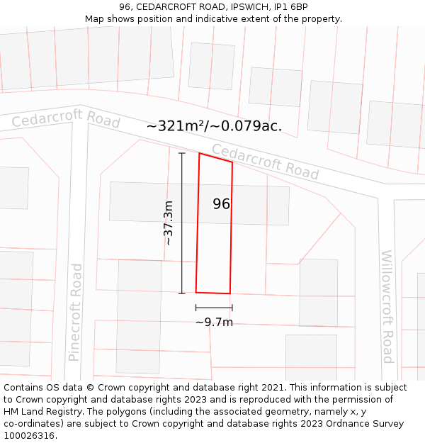 96, CEDARCROFT ROAD, IPSWICH, IP1 6BP: Plot and title map