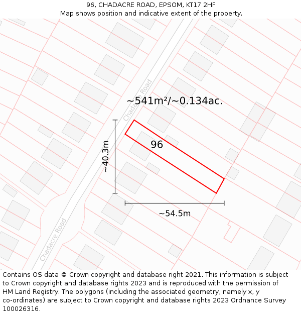96, CHADACRE ROAD, EPSOM, KT17 2HF: Plot and title map