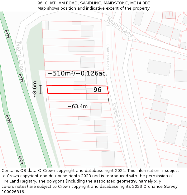 96, CHATHAM ROAD, SANDLING, MAIDSTONE, ME14 3BB: Plot and title map