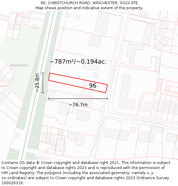 96, CHRISTCHURCH ROAD, WINCHESTER, SO23 9TE: Plot and title map