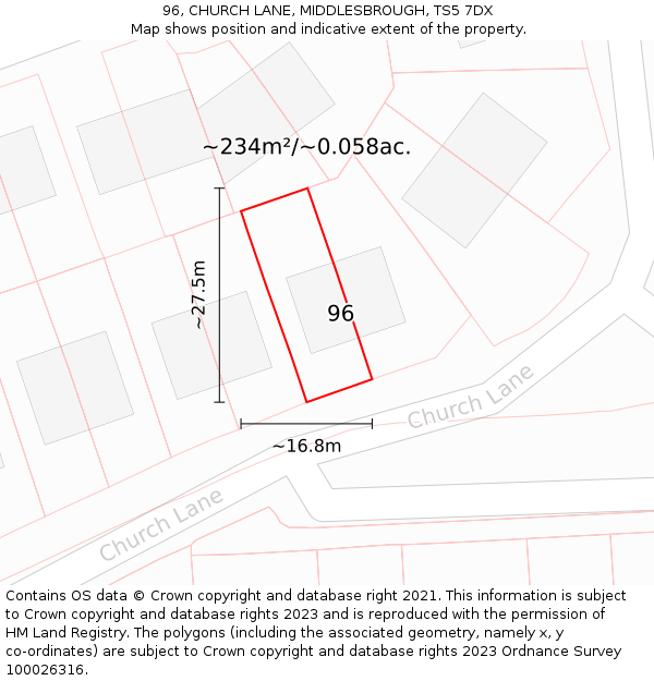 96, CHURCH LANE, MIDDLESBROUGH, TS5 7DX: Plot and title map