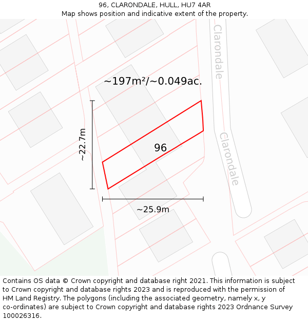 96, CLARONDALE, HULL, HU7 4AR: Plot and title map