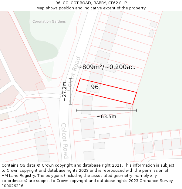 96, COLCOT ROAD, BARRY, CF62 8HP: Plot and title map