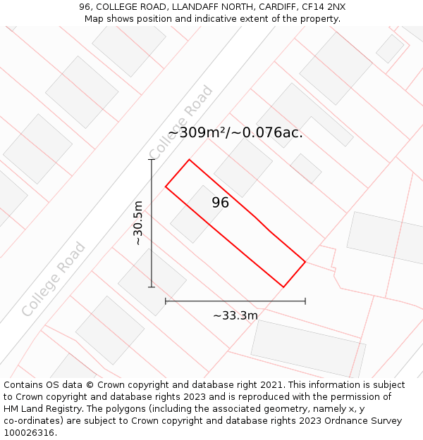 96, COLLEGE ROAD, LLANDAFF NORTH, CARDIFF, CF14 2NX: Plot and title map