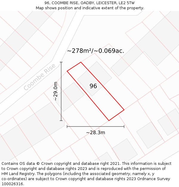 96, COOMBE RISE, OADBY, LEICESTER, LE2 5TW: Plot and title map