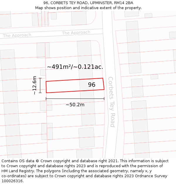 96, CORBETS TEY ROAD, UPMINSTER, RM14 2BA: Plot and title map