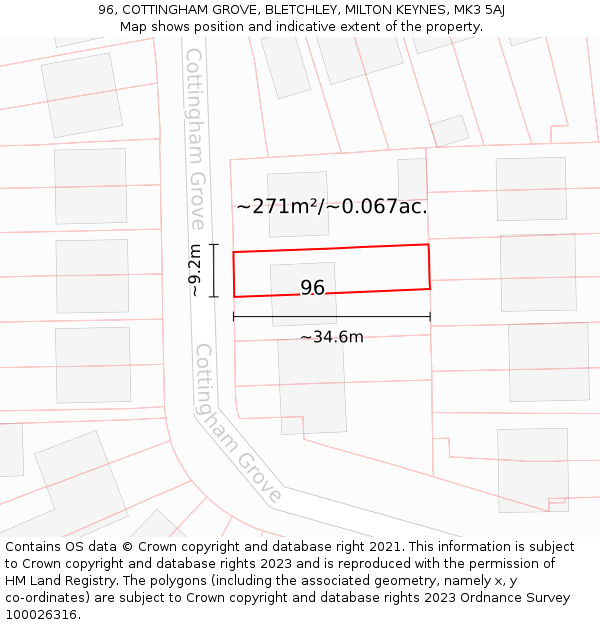 96, COTTINGHAM GROVE, BLETCHLEY, MILTON KEYNES, MK3 5AJ: Plot and title map