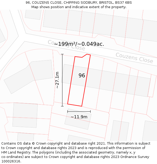 96, COUZENS CLOSE, CHIPPING SODBURY, BRISTOL, BS37 6BS: Plot and title map