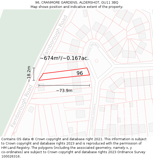 96, CRANMORE GARDENS, ALDERSHOT, GU11 3BQ: Plot and title map