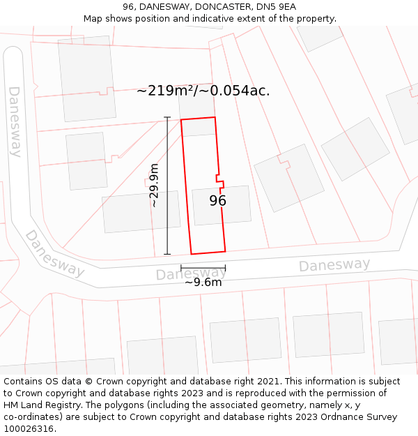 96, DANESWAY, DONCASTER, DN5 9EA: Plot and title map