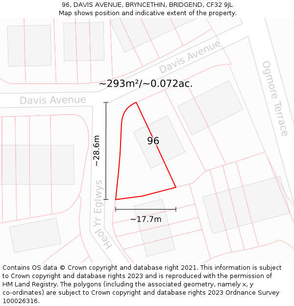 96, DAVIS AVENUE, BRYNCETHIN, BRIDGEND, CF32 9JL: Plot and title map