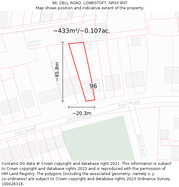 96, DELL ROAD, LOWESTOFT, NR33 9NT: Plot and title map