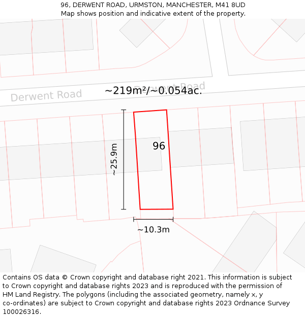 96, DERWENT ROAD, URMSTON, MANCHESTER, M41 8UD: Plot and title map