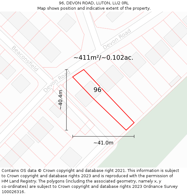 96, DEVON ROAD, LUTON, LU2 0RL: Plot and title map