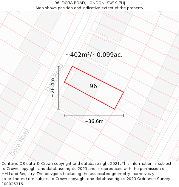 96, DORA ROAD, LONDON, SW19 7HJ: Plot and title map