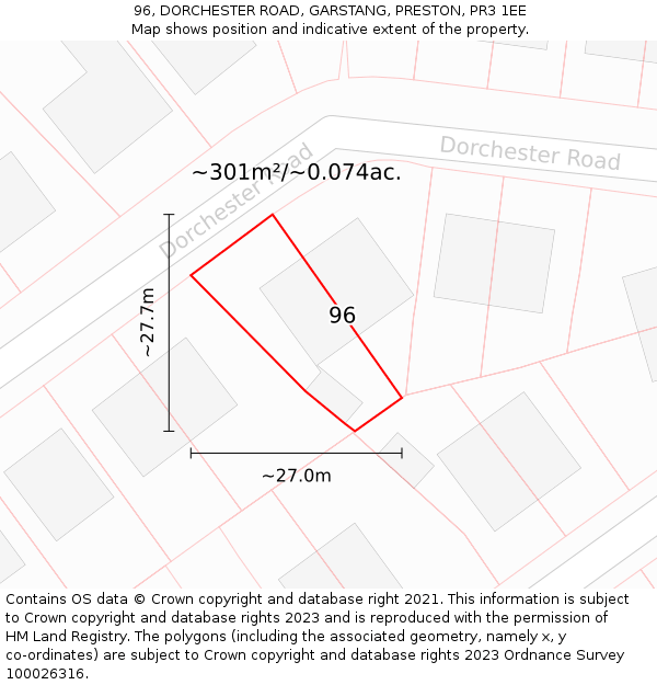 96, DORCHESTER ROAD, GARSTANG, PRESTON, PR3 1EE: Plot and title map