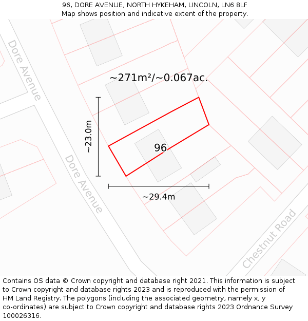 96, DORE AVENUE, NORTH HYKEHAM, LINCOLN, LN6 8LF: Plot and title map