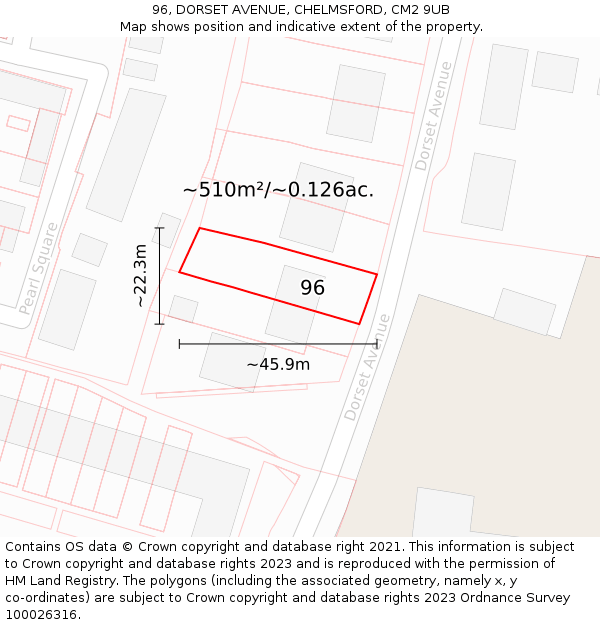 96, DORSET AVENUE, CHELMSFORD, CM2 9UB: Plot and title map
