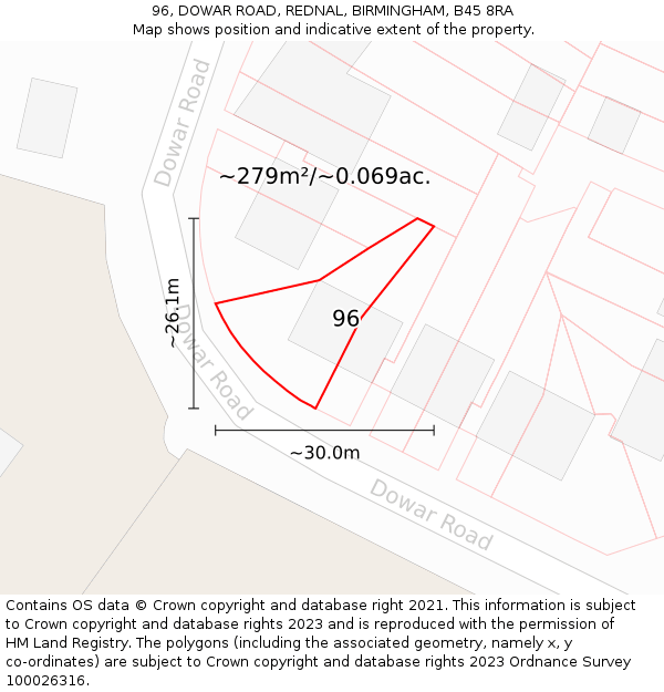 96, DOWAR ROAD, REDNAL, BIRMINGHAM, B45 8RA: Plot and title map