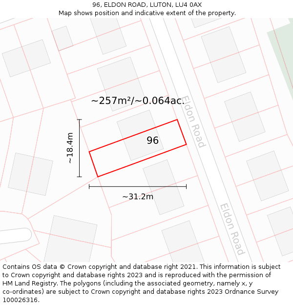 96, ELDON ROAD, LUTON, LU4 0AX: Plot and title map