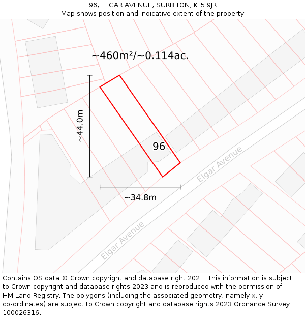 96, ELGAR AVENUE, SURBITON, KT5 9JR: Plot and title map