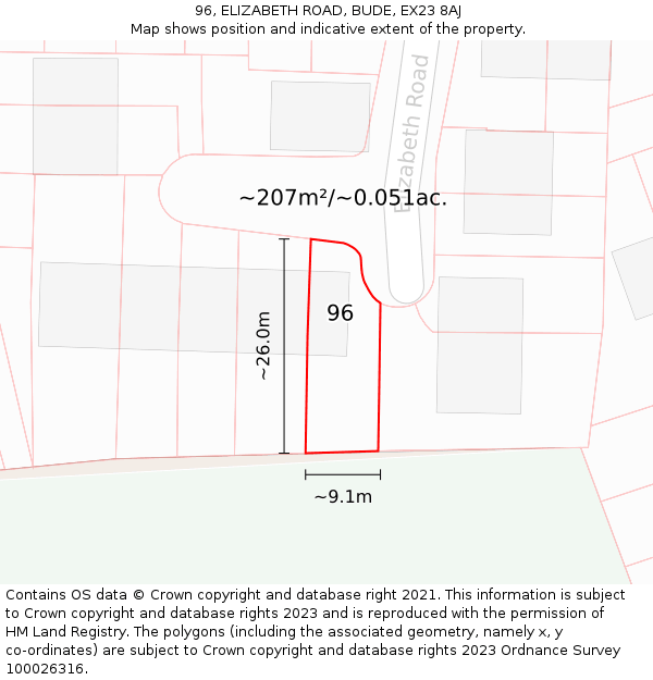 96, ELIZABETH ROAD, BUDE, EX23 8AJ: Plot and title map