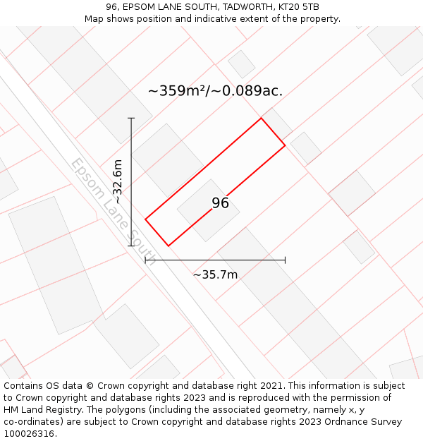 96, EPSOM LANE SOUTH, TADWORTH, KT20 5TB: Plot and title map