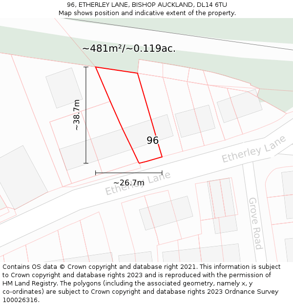 96, ETHERLEY LANE, BISHOP AUCKLAND, DL14 6TU: Plot and title map