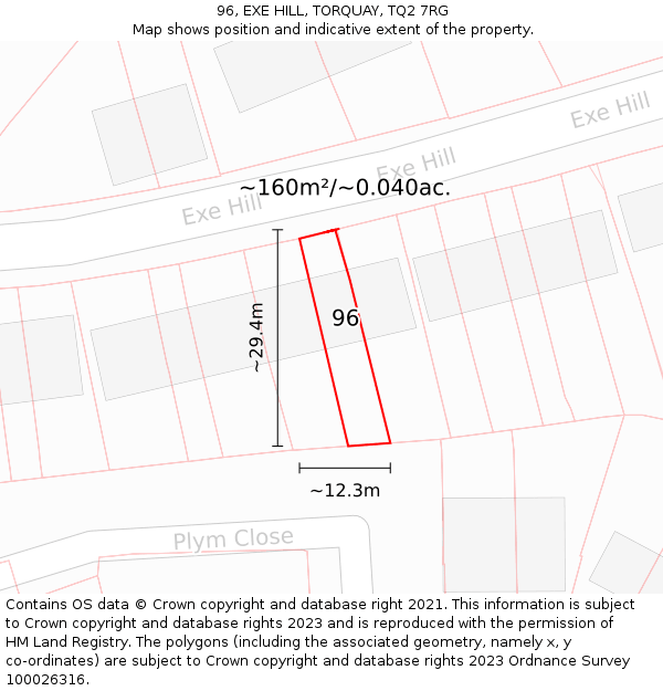 96, EXE HILL, TORQUAY, TQ2 7RG: Plot and title map