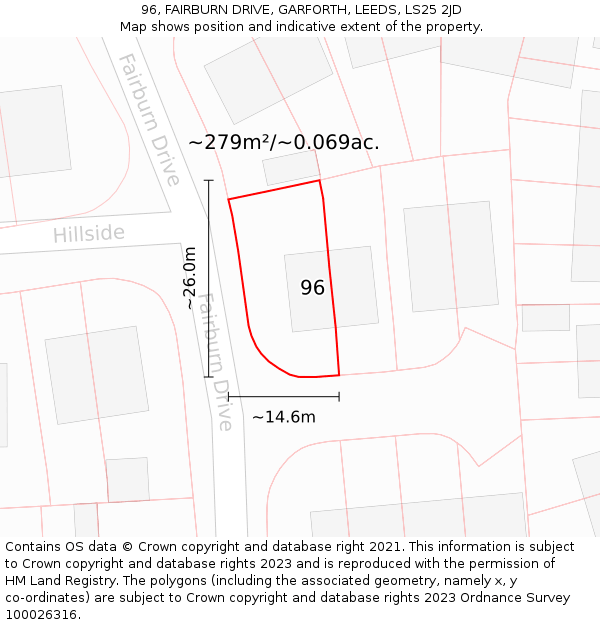 96, FAIRBURN DRIVE, GARFORTH, LEEDS, LS25 2JD: Plot and title map