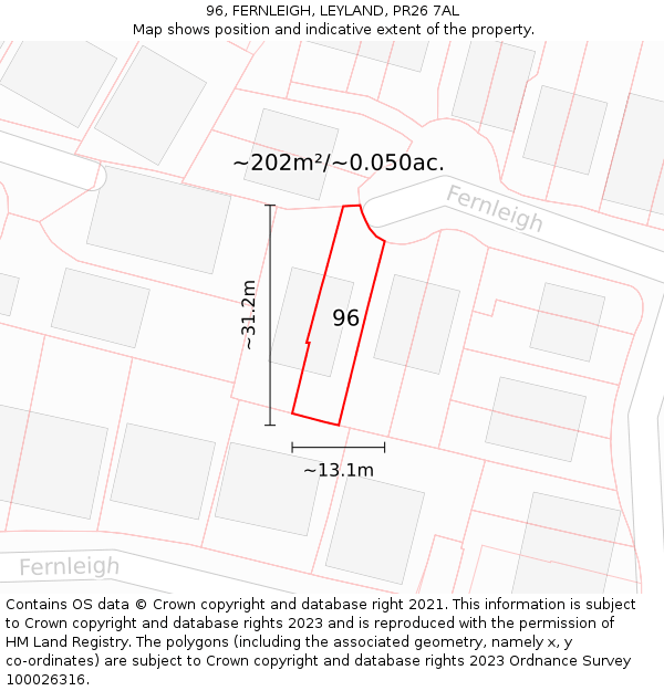 96, FERNLEIGH, LEYLAND, PR26 7AL: Plot and title map