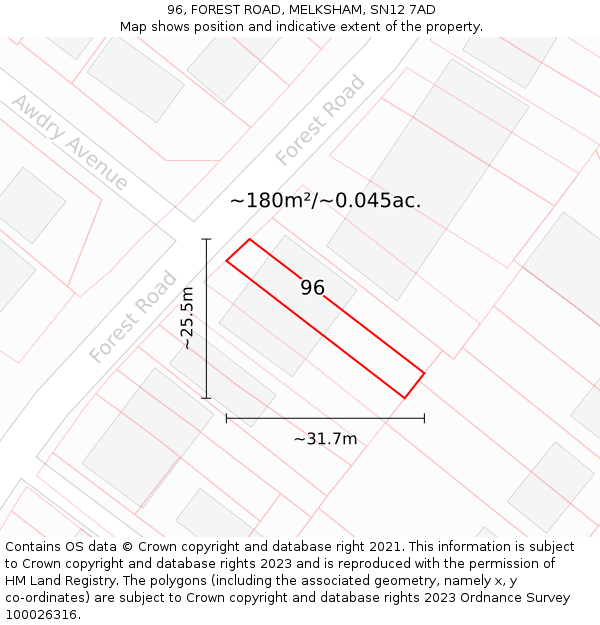96, FOREST ROAD, MELKSHAM, SN12 7AD: Plot and title map