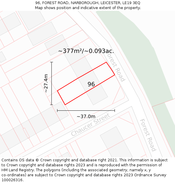 96, FOREST ROAD, NARBOROUGH, LEICESTER, LE19 3EQ: Plot and title map