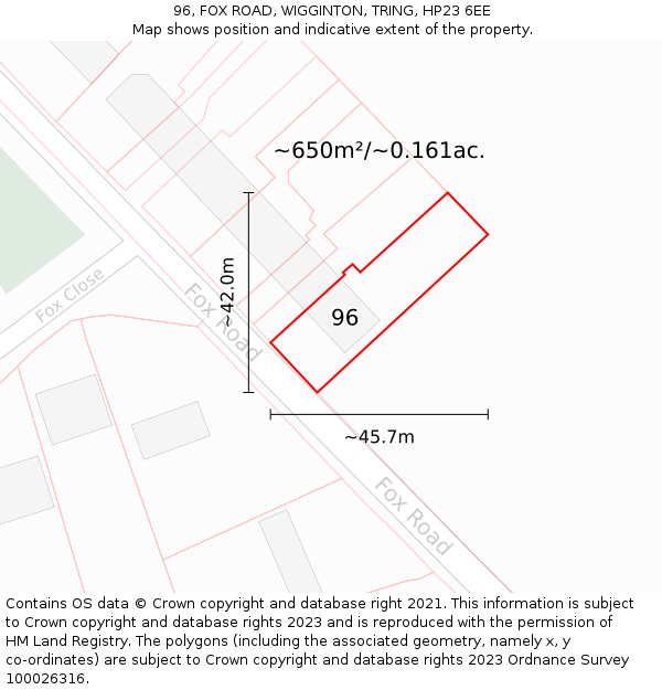 96, FOX ROAD, WIGGINTON, TRING, HP23 6EE: Plot and title map