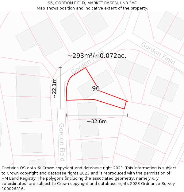 96, GORDON FIELD, MARKET RASEN, LN8 3AE: Plot and title map