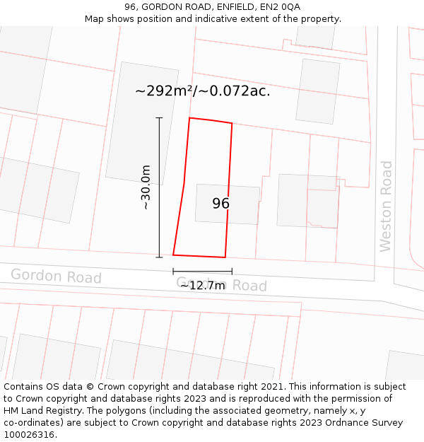 96, GORDON ROAD, ENFIELD, EN2 0QA: Plot and title map