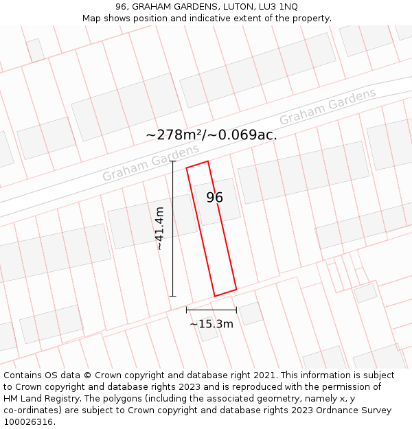 96, GRAHAM GARDENS, LUTON, LU3 1NQ: Plot and title map