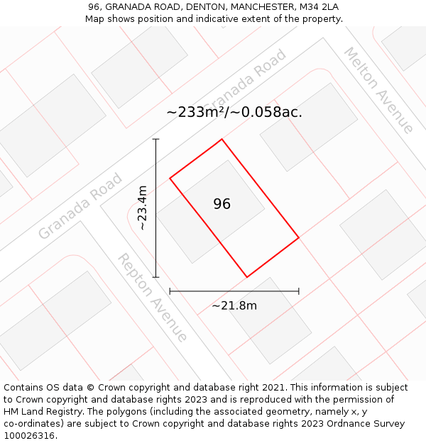 96, GRANADA ROAD, DENTON, MANCHESTER, M34 2LA: Plot and title map