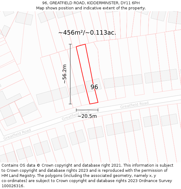 96, GREATFIELD ROAD, KIDDERMINSTER, DY11 6PH: Plot and title map