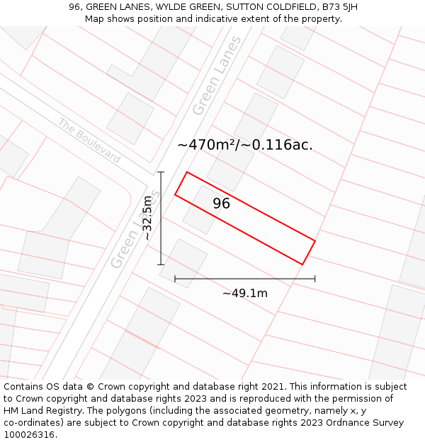 96, GREEN LANES, WYLDE GREEN, SUTTON COLDFIELD, B73 5JH: Plot and title map