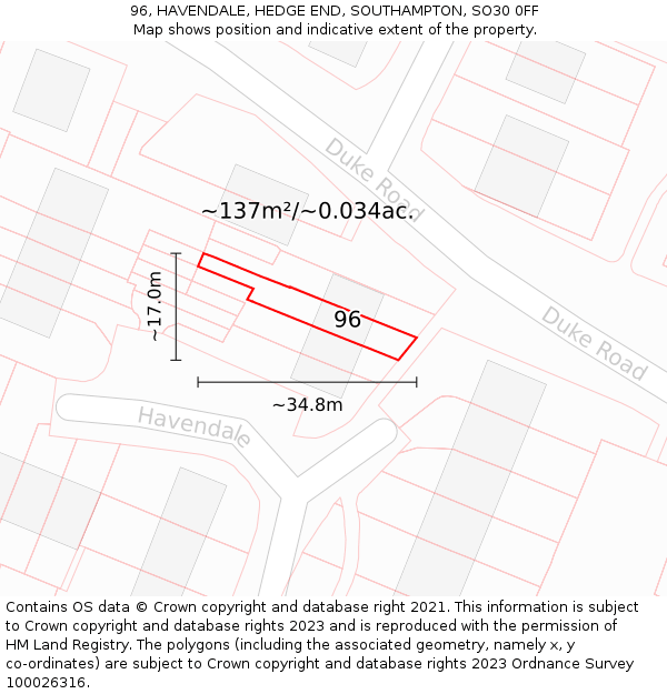 96, HAVENDALE, HEDGE END, SOUTHAMPTON, SO30 0FF: Plot and title map
